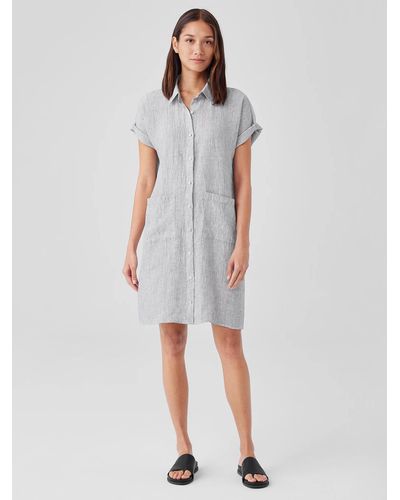 Eileen Fisher Crinkled Organic Linen Stripe Shirtdress - White