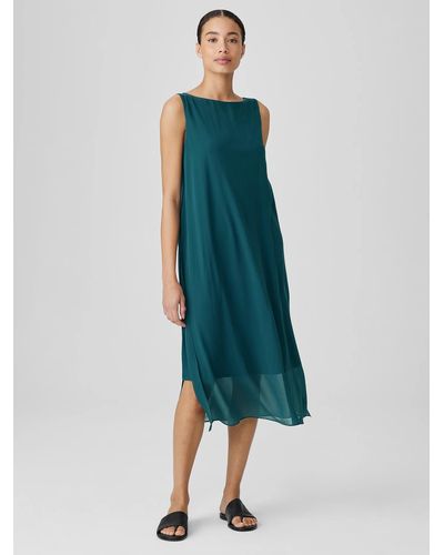 Eileen Fisher Sheer Silk Georgette Bateau Neck Dress - Green