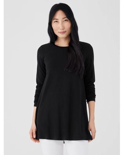 Eileen Fisher Stretch Jersey Knit Crew Neck Long Top - Black
