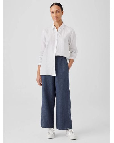 Eileen Fisher Washed Organic Linen Délavé Wide Trouser Pant - Blue