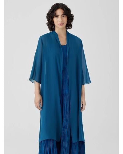 Eileen Fisher Sheer Silk Georgette High Collar Jacket - Blue