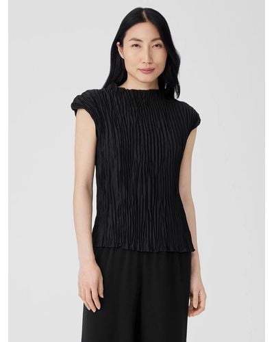 Eileen Fisher Crushed Silk Funnel Neck Top - Black