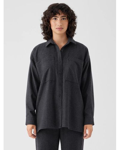 Eileen Fisher Soft Wool Flannel Classic Collar Shirt - Black