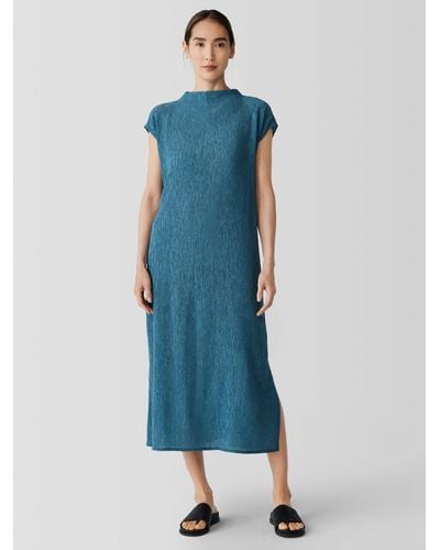 Eileen Fisher Woven Plissé Funnel Neck Dress - Blue