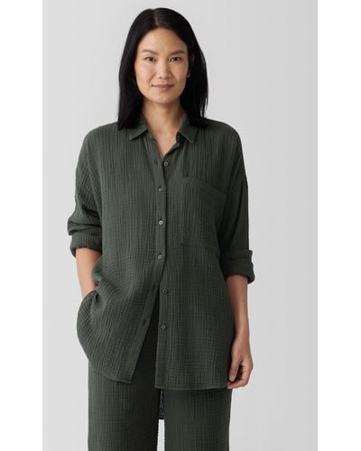 Eileen Fisher Organic Cotton Lofty Gauze Classic Collar Long Shirt - Green