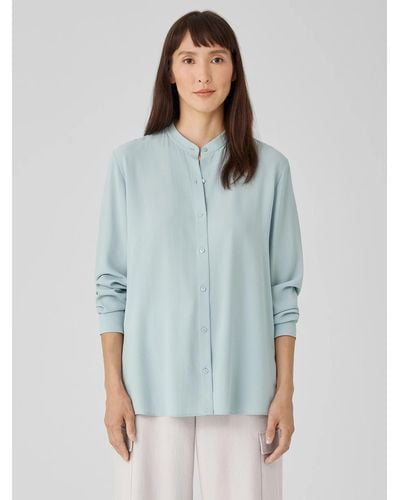 Eileen Fisher Silk Georgette Crepe Band Collar Shirt - Blue