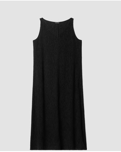 Eileen Fisher Woven Plissé V-neck Dress - Black