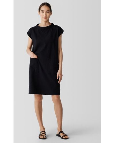 Eileen Fisher Organic Cotton Ripple Mock Neck Dress - Black