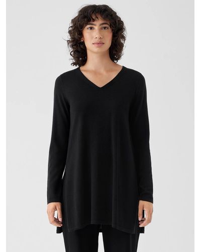 Eileen Fisher Merino Jersey V-neck Top In Regenerative Wool - Black
