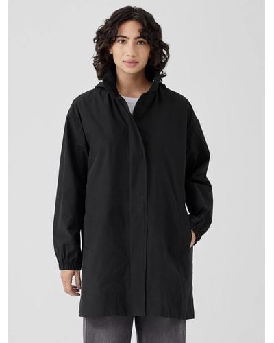 Eileen Fisher Light Cotton Nylon Stand Collar Long Coat - Black