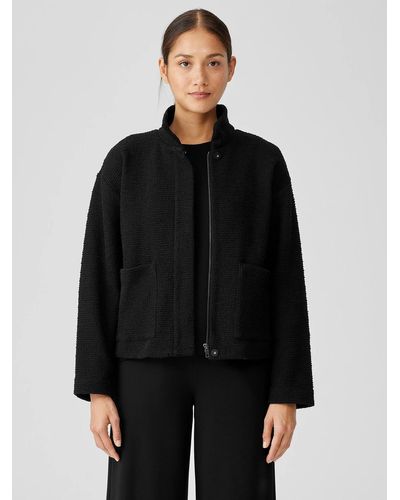 Eileen Fisher Cotton Boucle Knit Stand Collar Jacket - Black