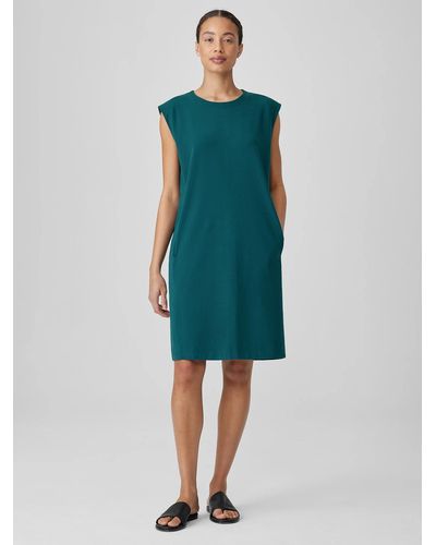 Eileen Fisher Pima Cotton Stretch Jersey Round Neck Dress - Blue