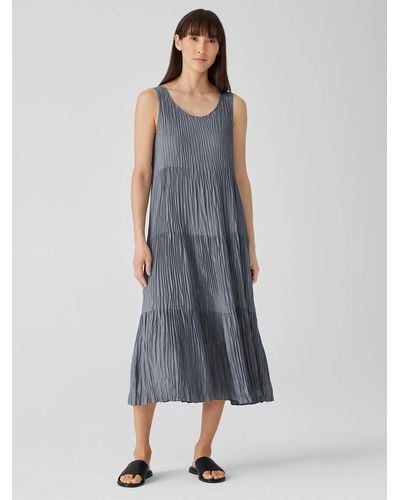 Eileen Fisher Crushed Silk Tiered Dress - Blue