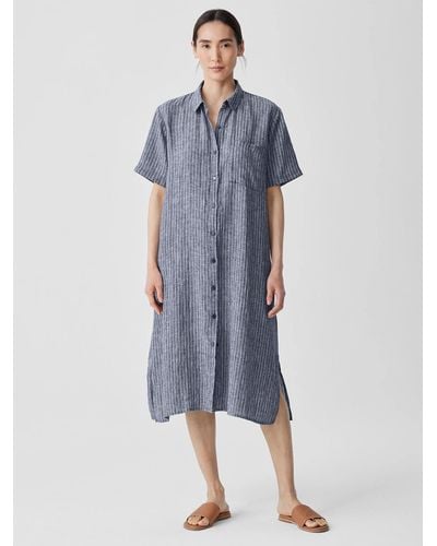 Eileen Fisher Puckered Organic Linen Shirtdress - Blue
