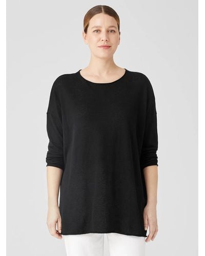 Eileen Fisher Organic Linen Cotton Jersey Round Neck Top - Black