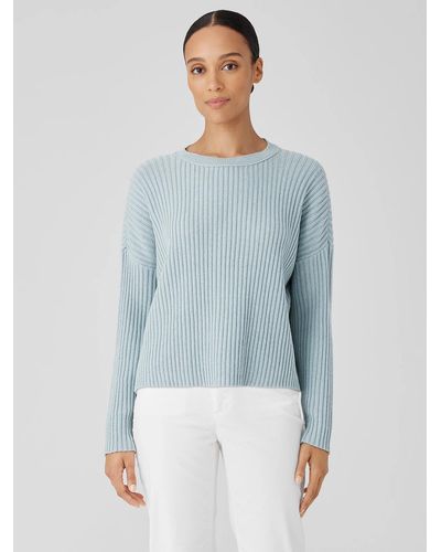 Eileen Fisher Cotton And Recycled Cashmere Crew Neck Box-top - Blue