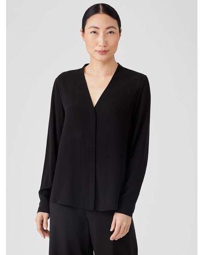 Eileen Fisher Silk Georgette Crepe V-neck Shirt - Black
