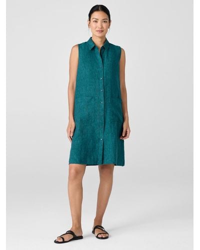 Eileen Fisher Washed Organic Linen Délavé Sleeveless Shirtdress - Blue
