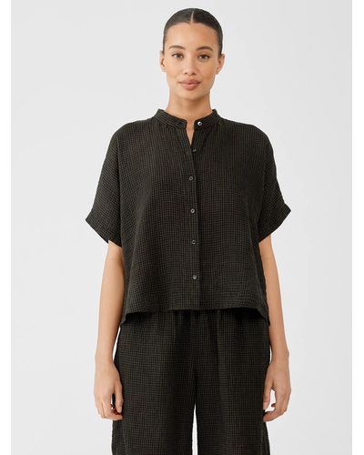 Eileen Fisher Puckered Organic Linen Short-sleeve Shirt - Black