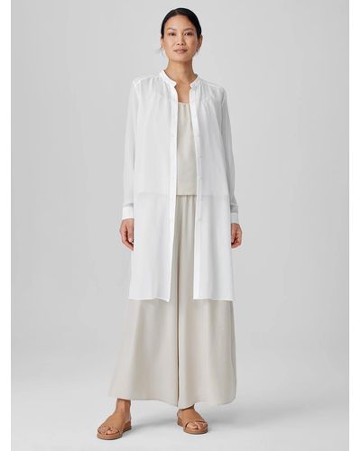 Eileen Fisher Sheer Silk Georgette Band Collar Shirt - White