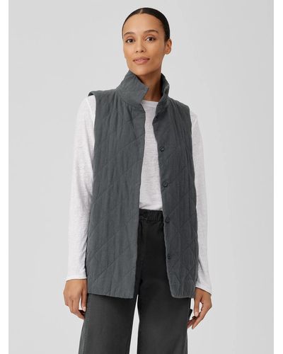 Eileen Fisher Organic Linen Cotton Crepe Quilted Vest - Gray