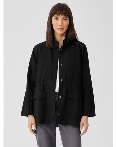 Eileen Fisher Cotton Hemp Stretch Stand Collar Jacket - Black