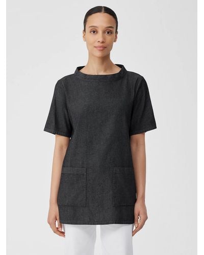 Eileen Fisher Airy Organic Cotton Twill Mock Neck Long Top - Black