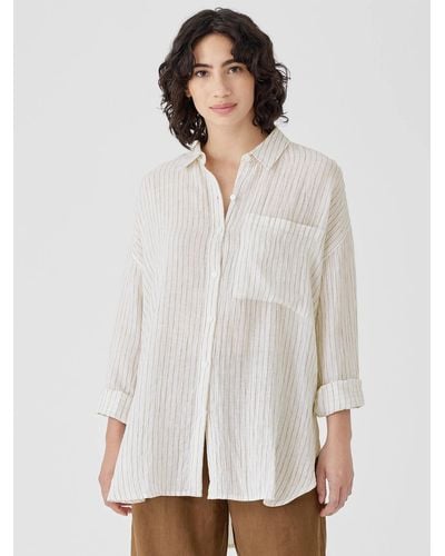 Eileen Fisher Puckered Organic Linen Classic Collar Long Shirt - White
