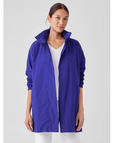 Eileen Fisher Light Cotton Nylon Stand Collar Long Coat - Blue