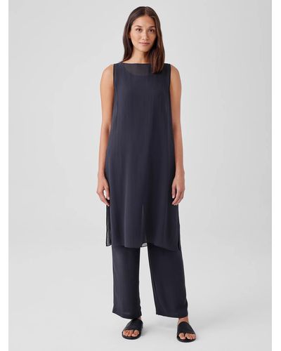 Eileen Fisher Sheer Silk Georgette Bateau Neck Top - Blue