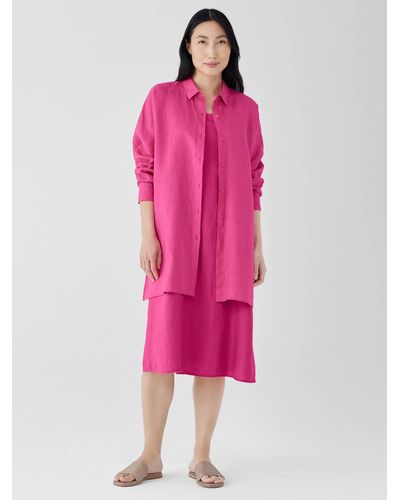 Eileen Fisher Organic Handkerchief Linen Classic Collar Long Shirt - Pink