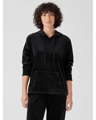 Eileen Fisher Cozy Velour Knit Hooded Top - Black