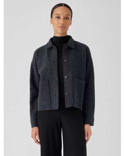 Eileen Fisher Lightweight Boiled Wool Classic Collar Jacket In Regenerative Wool - Blue