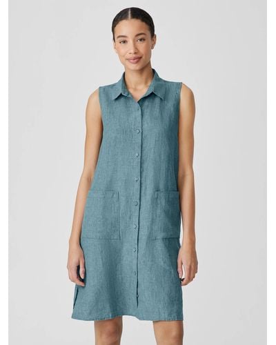Eileen Fisher Washed Organic Linen Délavé Sleeveless Shirtdress - Blue