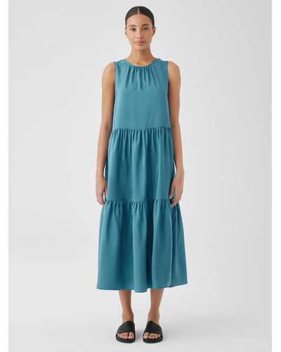 Eileen Fisher Washed Silk Tiered Dress - Blue