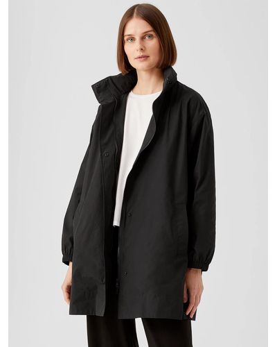 Eileen Fisher Light Cotton Nylon Stand Collar Long Coat - Black