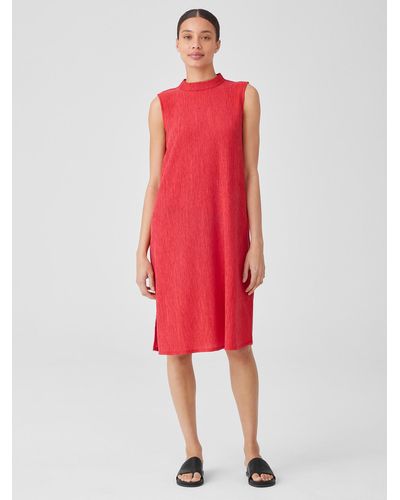 Eileen Fisher Woven Plissé Mock Neck Dress - Red