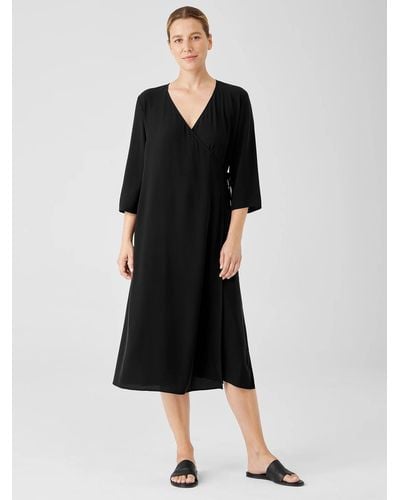 Eileen Fisher Silk Georgette Crepe Wrap Dress - Black