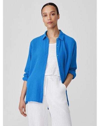 Eileen Fisher Organic Cotton Lofty Gauze Classic Collar Shirt - Blue