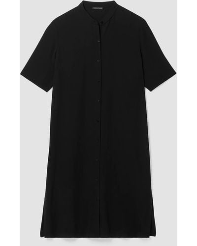 Eileen Fisher Silk Georgette Crepe Band Collar Dress - Black