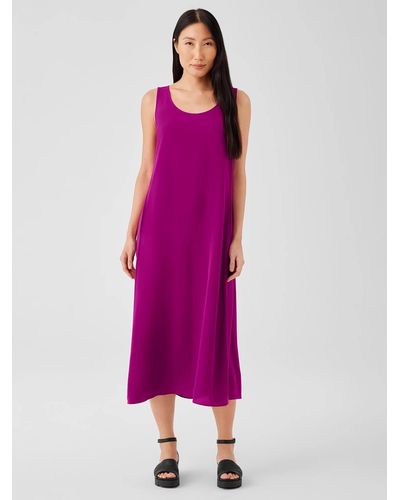 Eileen Fisher Silk Georgette Crepe Scoop Neck Dress - Purple