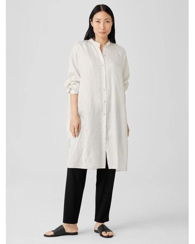 Eileen Fisher Washed Silk Tussah Mandarin Collar Shirtdress - White