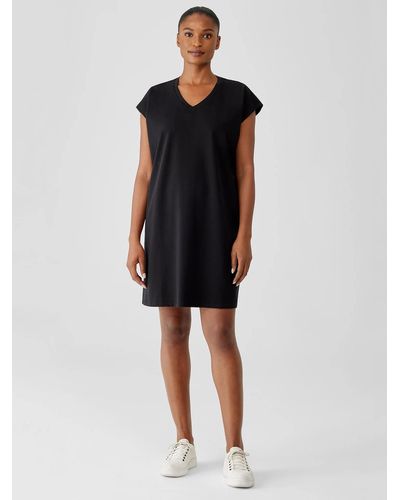 Eileen Fisher Pima Cotton Stretch Jersey V-neck Dress - Black