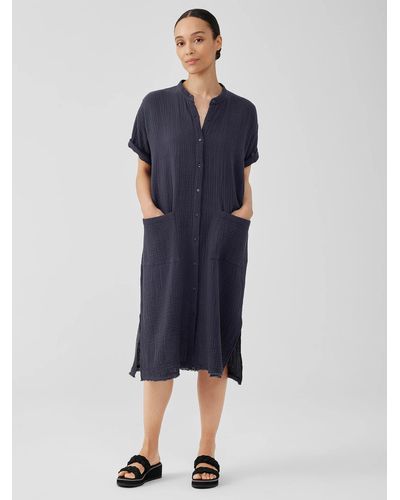 Eileen Fisher Organic Cotton Gauze Mandarin Collar Dress - Blue