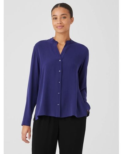 Eileen Fisher Silk Georgette Crepe Shirred-back Shirt - Blue