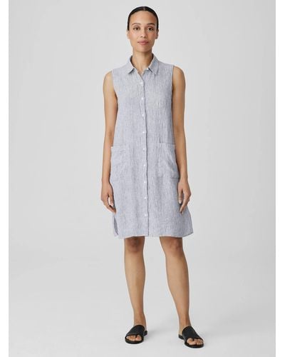 Eileen Fisher Striped Organic Linen Crinkle Sleeveless Shirtdress - Gray