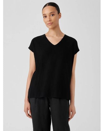 Eileen Fisher Organic Linen Cotton V-neck Top - Black