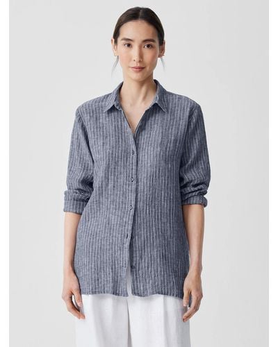 Eileen Fisher Puckered Organic Linen Classic Collar Long Shirt - Blue