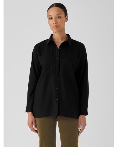Eileen Fisher Soft Wool Flannel Classic Collar Shirt - Black