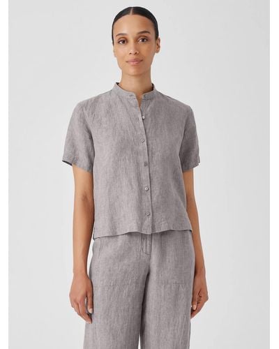 Eileen Fisher Washed Organic Linen Délavé Band Collar Shirt - Gray